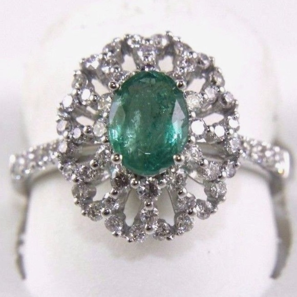 Oval Emerald Diamond Solitaire Ring 14k WG 1.73Ct